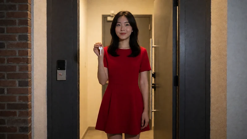 虚构成年东亚女性穿红色短裙手持钥匙站在夜间公寓门前
