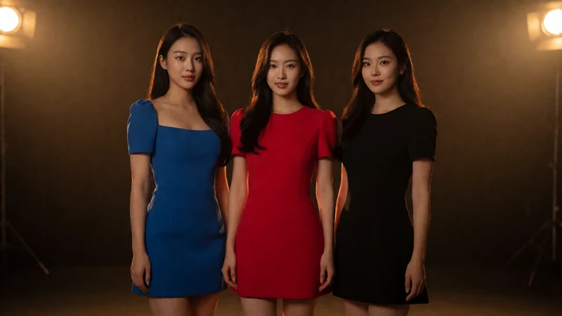 三位虚构成年东亚女演员穿蓝、红、黑色短裙在暗色电影布景中居中站立