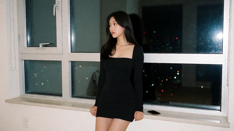 虚构成年东亚女性穿黑色短裙站在夜间城市窗景前侧身望向窗外